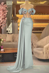 Blue Mermaid Prom Dress Off the Shoulder Cap Sleeve Formal Dress With Beadings