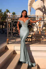 Blue Mermaid Prom Dress Off the Shoulder Cap Sleeve Formal Dress With Beadings and Rhinestones