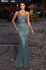 Blue Mermaid Prom Dress One Shoulder Formal Dress With Beadings