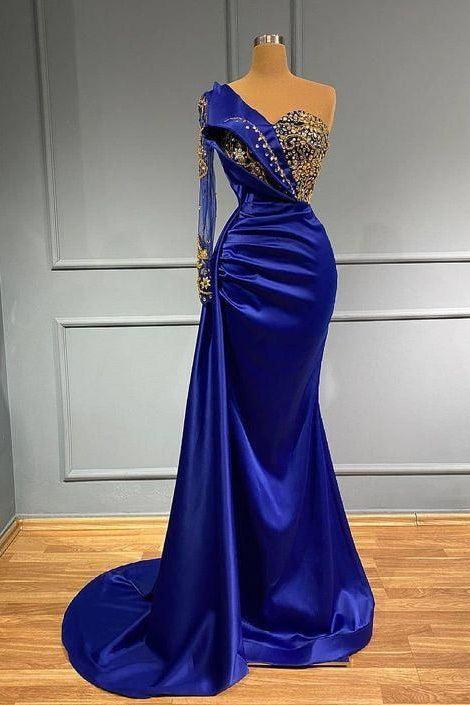 Blue Mermaid Prom Dress One Shoulder Long Sleeve Formal Dress With Beadings and Rhinestones