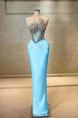 Blue Mermaid Prom Dress Sleeveless Crew Neck Formal Dress With Beadings and Rhinestones