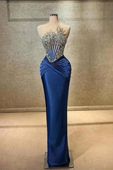 Blue Mermaid Prom Dress Sleeveless Crew Neck Formal Dress With Beadings and Rhinestones
