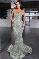 Blue Mermaid Prom Dress Sleeveless Sequined Spaghetti Straps Formal Dress