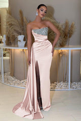 Blue Mermaid Prom Dress Sleeveless Strapless Formal Dress With Beadings