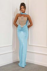 Blue Mermaid Prom Dress Sleeveless Strapless Formal Dress With Beadings and Rhinestones