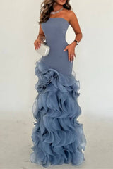 Blue Mermaid Prom Dress Sleeveless Strapless Ruffled Organza Formal Dress