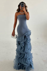 Blue Mermaid Prom Dress Sleeveless Strapless Ruffled Organza Formal Dress