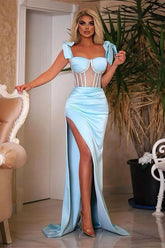 Blue Mermaid Prom Dress Sleeveless Straps Formal Dress With Beadings and Rhinestones