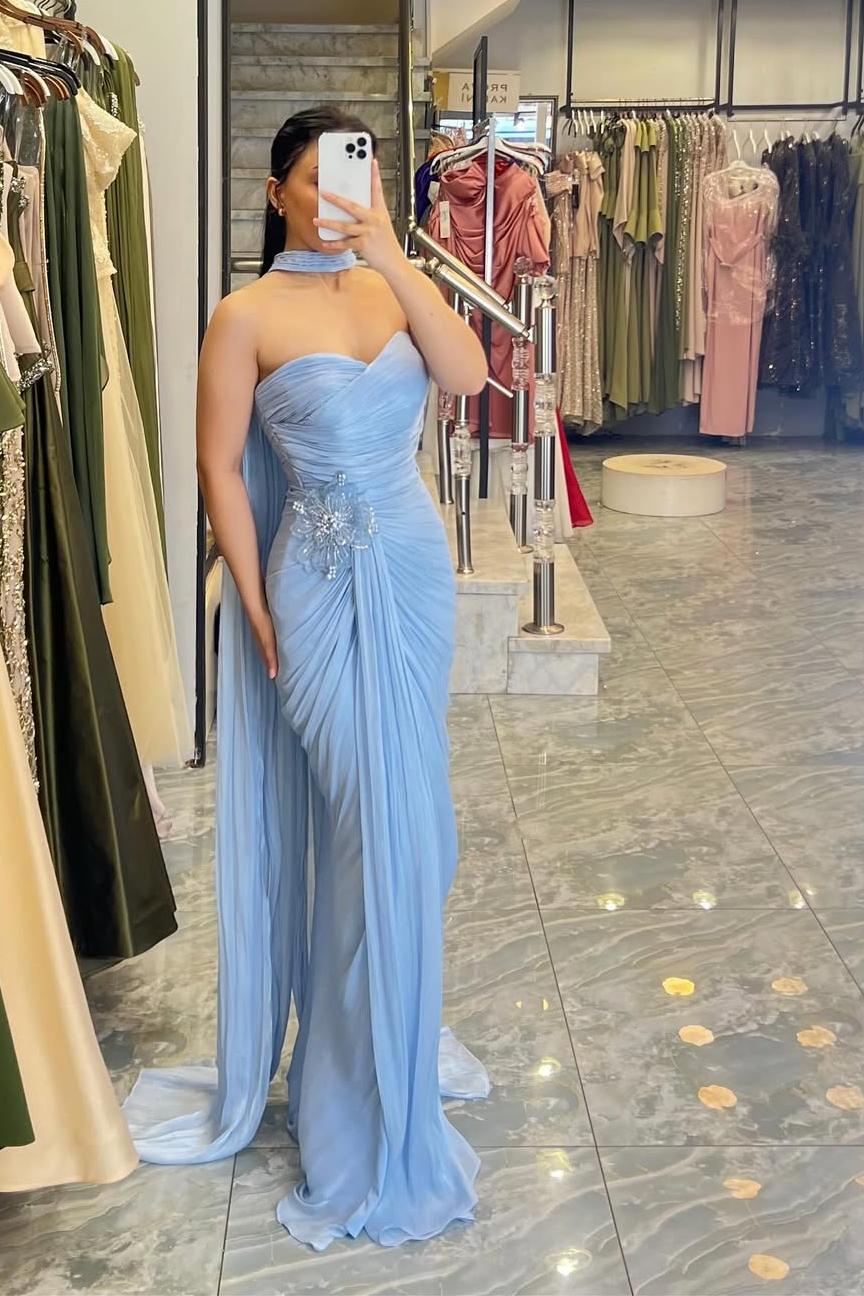 Blue Mermaid Prom Dress Sleeveless Sweetheart Formal Dress With 3D Flowers