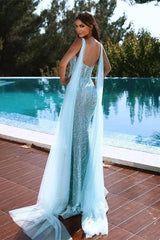 Blue Mermaid Prom Dress Sleeveless V Neck Formal Dress With Sequins