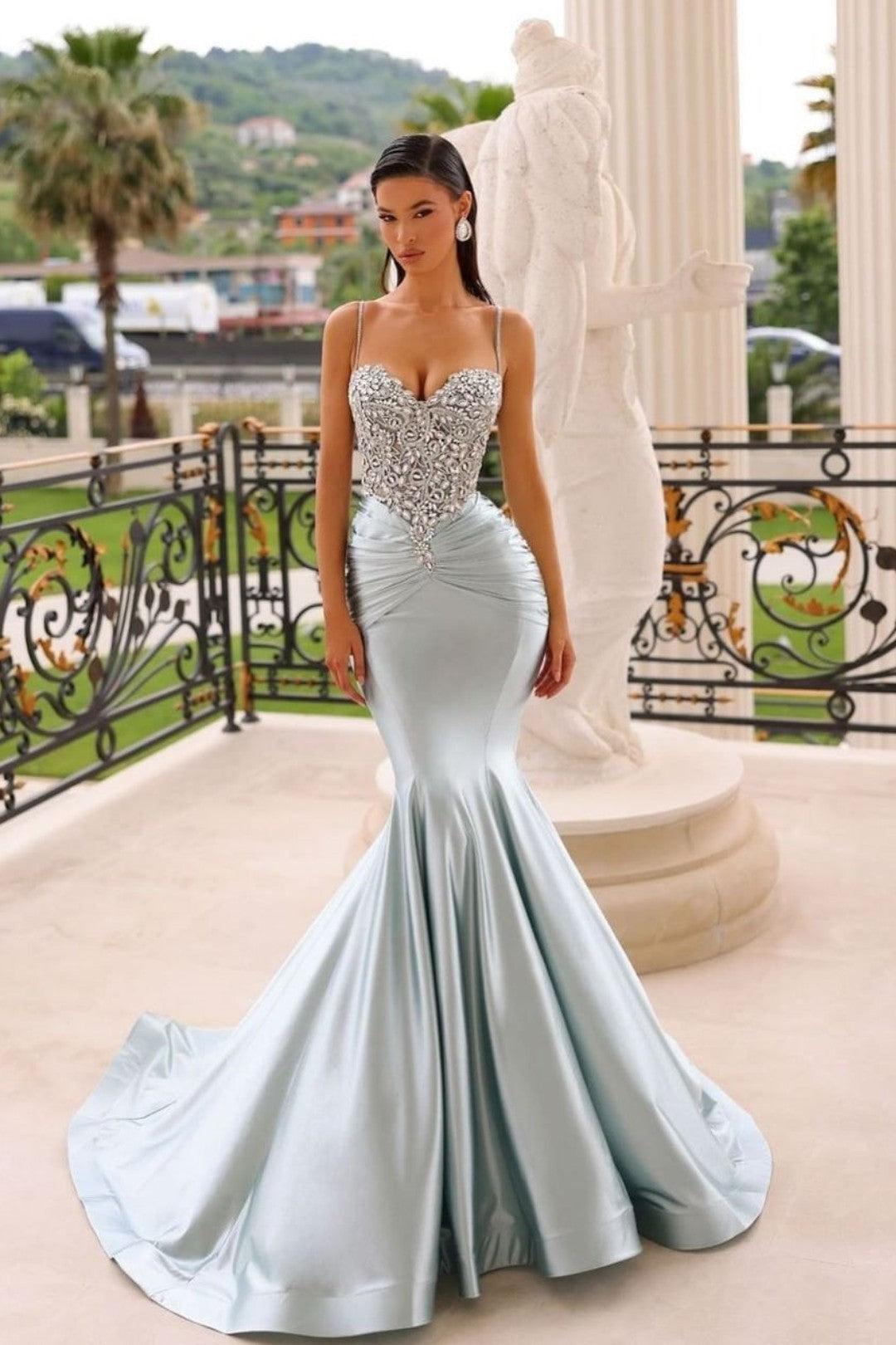 Blue Mermaid Prom Dress Spaghetti Straps Formal Dress With Beadings and Rhinestones