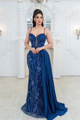 Blue Mermaid Prom Dress Spaghetti Straps Sleeveless Formal Dress With Beadings