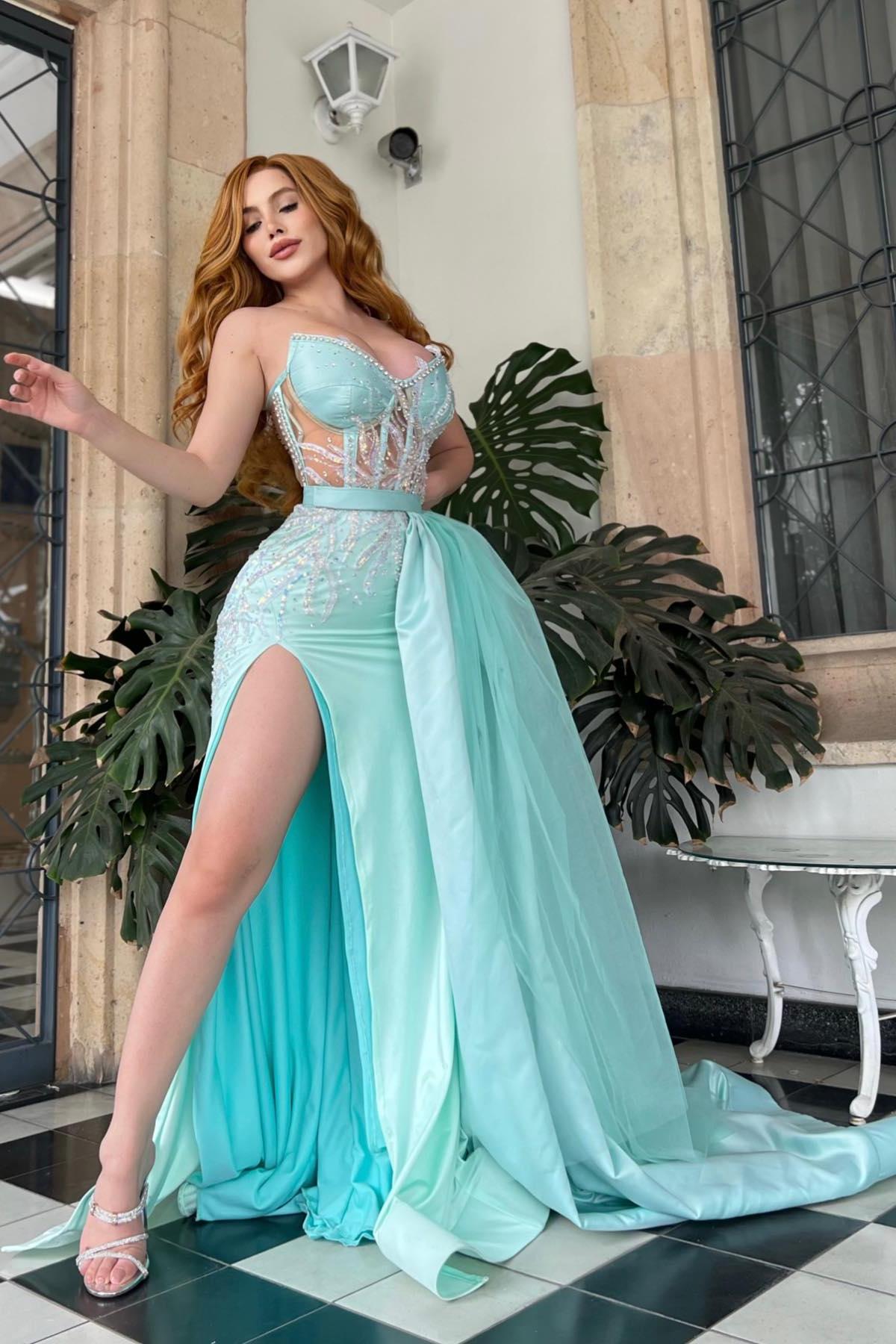 Blue Mermaid Prom Dress Sweetheart Sleeveless Formal Dress With Beadings and Rhinestones