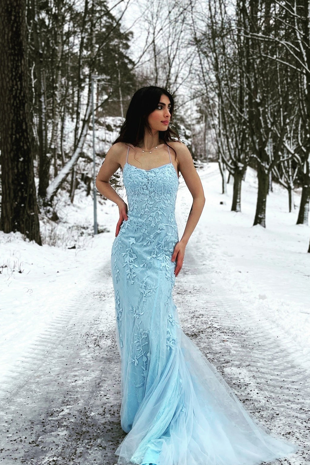 Blue Mermaid Prom Dress Tulle Backless Long Evening Dress with Lace