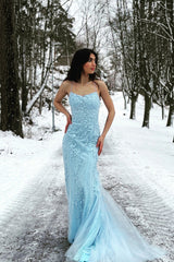 Blue Mermaid Prom Dress Tulle Backless Long Evening Dress with Lace