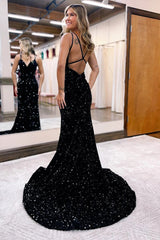 Blue Mermaid Sequined Long Backless Prom Dress