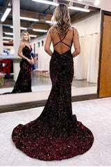 Blue Mermaid Sequined Long Backless Prom Dress