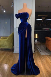 Blue Mermaid Velvet Dress Cap Sleeve One Shoulder Formal Dress With Beadings and Rhinestones