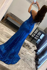 Blue Off the Shoulder Prom Dress Mermaid Evening Dress with Slit
