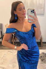 Blue Off the Shoulder Prom Dress Mermaid Evening Dress with Slit