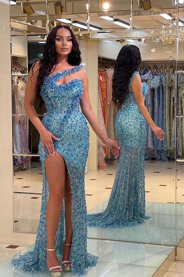 Blue One Shoulder Mermaid Prom Dress Sleeveless Formal Dress With Sequins