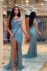 Blue One Shoulder Mermaid Prom Dress Sleeveless Formal Dress With Sequins