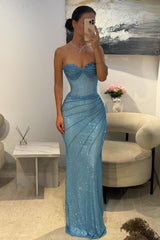 Blue One-Shoulder Mermaid Prom Dress With Ruched Detailing Formal Evening Gown