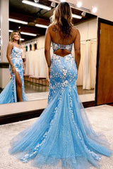 Blue Open Back Prom Dress Mermaid Lace Evening Dress with Slit
