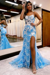 Blue Open Back Prom Dress Mermaid Lace Evening Dress with Slit