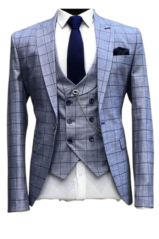 Blue Peaked Lapel 3 Piece Plaid Business Suit