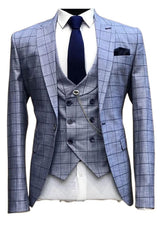 Blue Peaked Lapel 3 Piece Plaid Business Suit