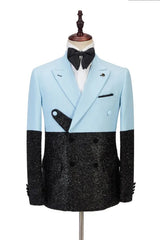 Blue Peaked Lapel Double Breasted Slim Fit Prom Suit for Men