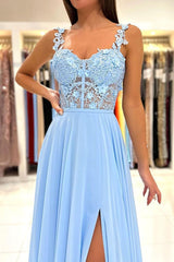 Blue Prom Dress A Line Chiffon Lace Long Formal Dress Evening Dress