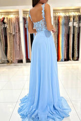 Blue Prom Dress A Line Chiffon Lace Long Formal Dress Evening Dress