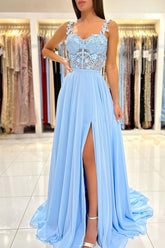 Blue Prom Dress A Line Chiffon Lace Long Formal Dress Evening Dress