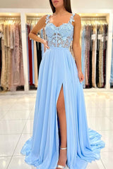 Blue Prom Dress A Line Chiffon Lace Long Formal Dress Evening Dress