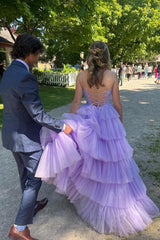 Blue Prom Dress A-Line Corset Long Tulle Tiered Evening Dress with Lace