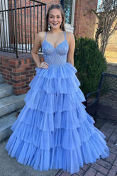 Blue Prom Dress A-Line Corset Long Tulle Tiered Evening Dress with Lace