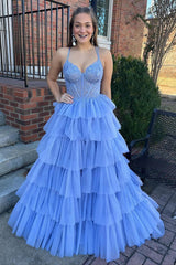 Blue Prom Dress A-Line Corset Long Tulle Tiered Evening Dress with Lace