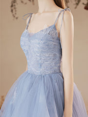 Blue Prom Dress A Line Tulle Lace Long Formal Evening Dress