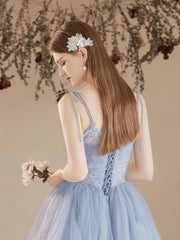 Blue Prom Dress A Line Tulle Lace Long Formal Evening Dress