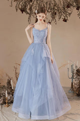 Blue Prom Dress A Line Tulle Lace Long Formal Evening Dress