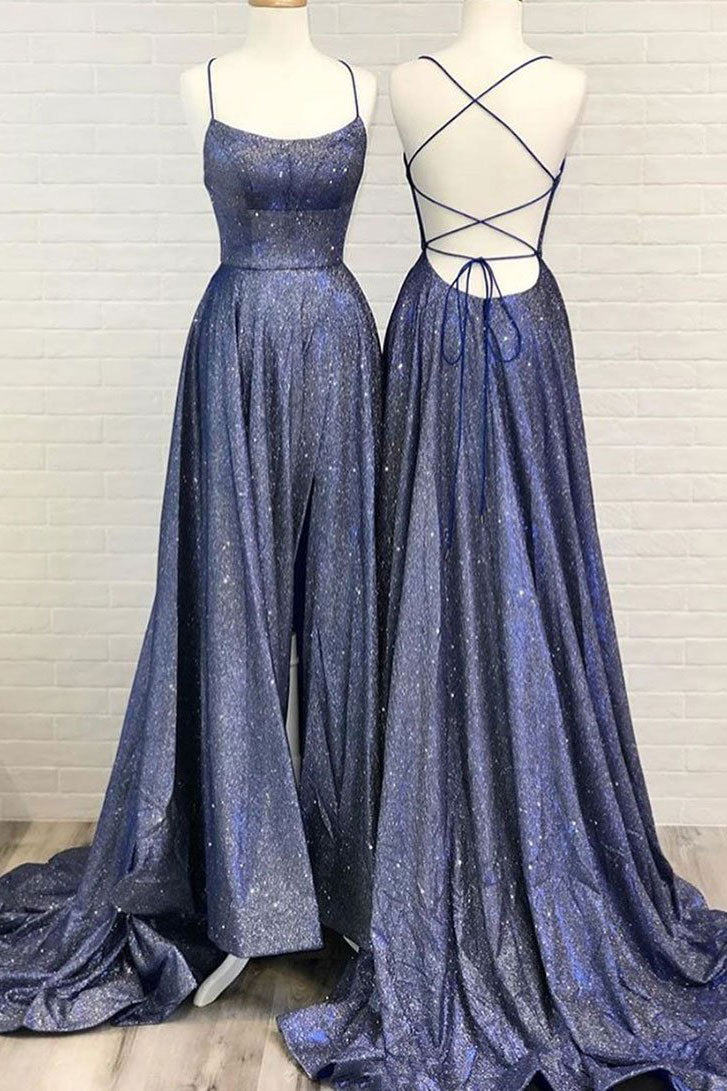 Blue Prom Dress Backless Long Evening Dress