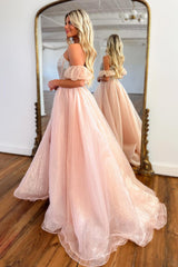 Blue Prom Dress Beaded Detachable Short Sleeves A Line Long Evening Dress with Slit