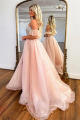 Pink Prom Dress Beaded Detachable Short Sleeves A Line Long Evening Dress with Slit
