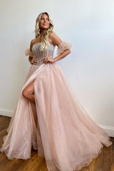 Pink Prom Dress Beaded Detachable Short Sleeves A Line Long Evening Dress with Slit