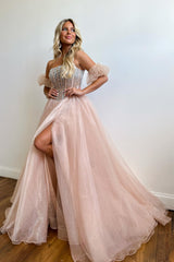 Blue Prom Dress Beaded Detachable Short Sleeves A Line Long Evening Dress with Slit