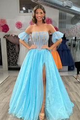 Blue Prom Dress Beaded Detachable Short Sleeves A Line Long Evening Dress with Slit