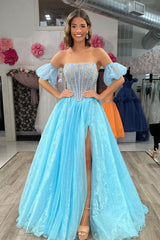 Blue Prom Dress Beaded Detachable Short Sleeves A Line Long Evening Dress with Slit