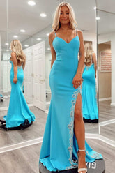 Blue Prom Dress Beaded V Neck Backless Mermaid Long Evening Dress With Split